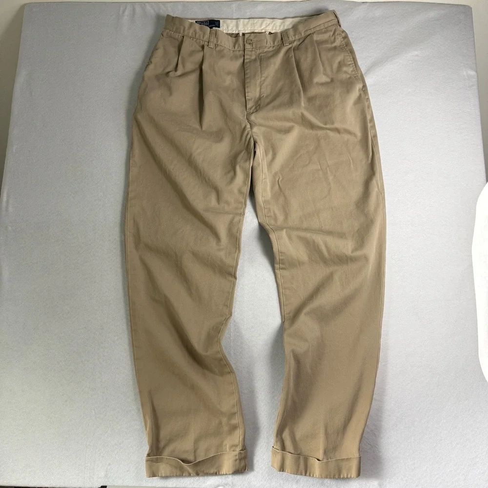 Polo Ralph Lauren Hammond Pant Mens 38x34 Tan Khaki Double Pleated Cuffed Chinos